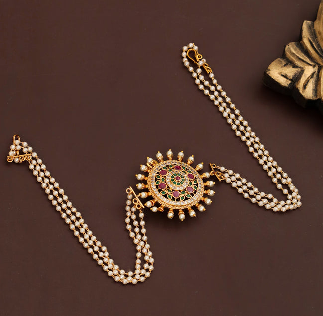 Traditional Round Sunburst Juda Pin with Triple Pearl Chains and Multicolour Stonework