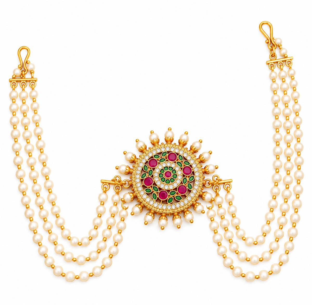 Traditional Round Sunburst Juda Pin with Triple Pearl Chains and Multicolour Stonework