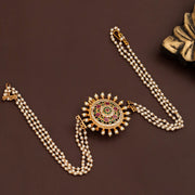 Traditional Round Sunburst Juda Pin with Triple Pearl Chains and Multicolour Stonework