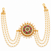 Traditional Round Sunburst Juda Pin with Triple Pearl Chains and Multicolour Stonework