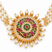Traditional Round Sunburst Juda Pin with Triple Pearl Chains and Multicolour Stonework