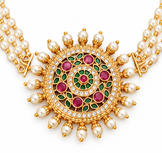 Traditional Round Sunburst Juda Pin with Triple Pearl Chains and Multicolour Stonework