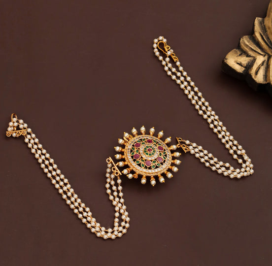 Traditional Round Sunburst Juda Pin with Triple Pearl Chains and Multicolour Stonework