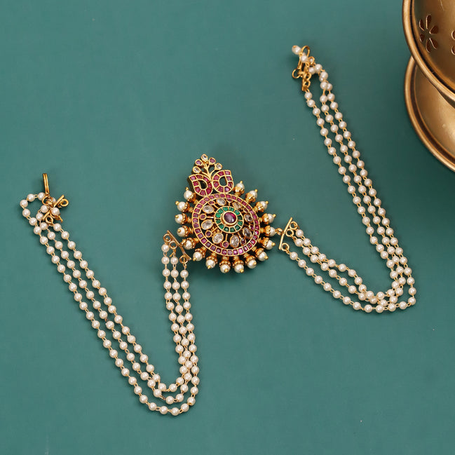 Royal Ethnic Juda Pin with Circular Gemstone Medallion, Pearl Drops and Triple Pearl Chains