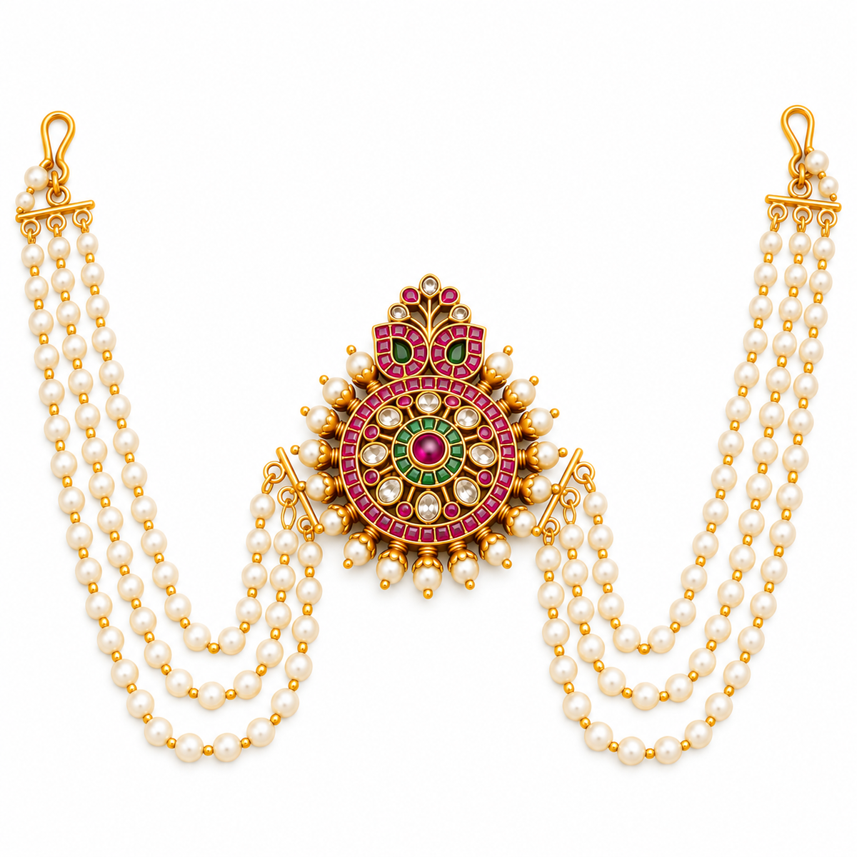 Royal Ethnic Juda Pin with Circular Gemstone Medallion, Pearl Drops and Triple Pearl Chains