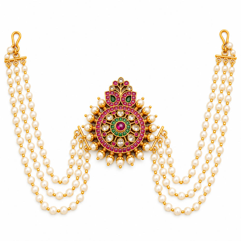 Royal Ethnic Juda Pin with Circular Gemstone Medallion, Pearl Drops and Triple Pearl Chains