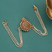 Royal Ethnic Juda Pin with Circular Gemstone Medallion, Pearl Drops and Triple Pearl Chains