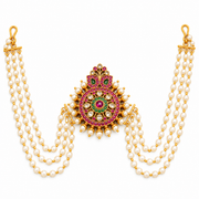 Royal Ethnic Juda Pin with Circular Gemstone Medallion, Pearl Drops and Triple Pearl Chains