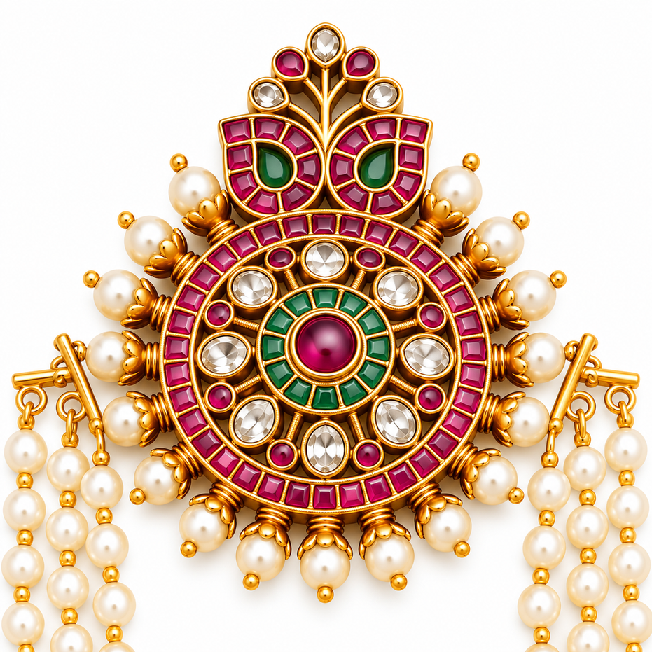 Royal Ethnic Juda Pin with Circular Gemstone Medallion, Pearl Drops and Triple Pearl Chains