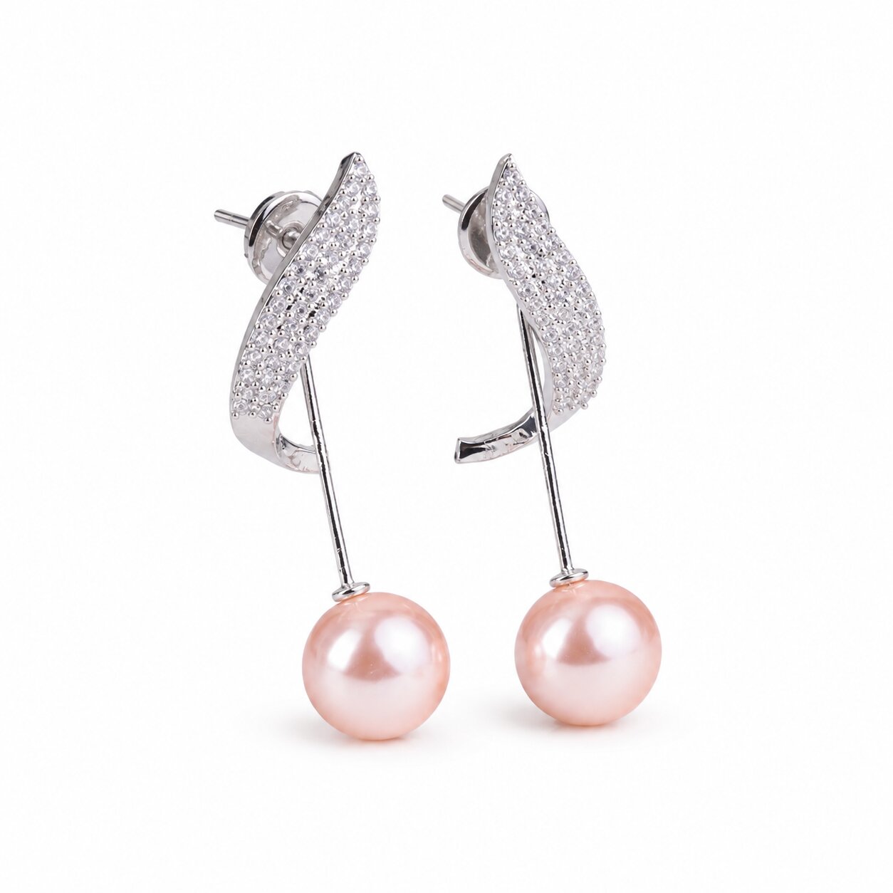 Rhodium Plated Curved Leaf Pearl Drop Earrings