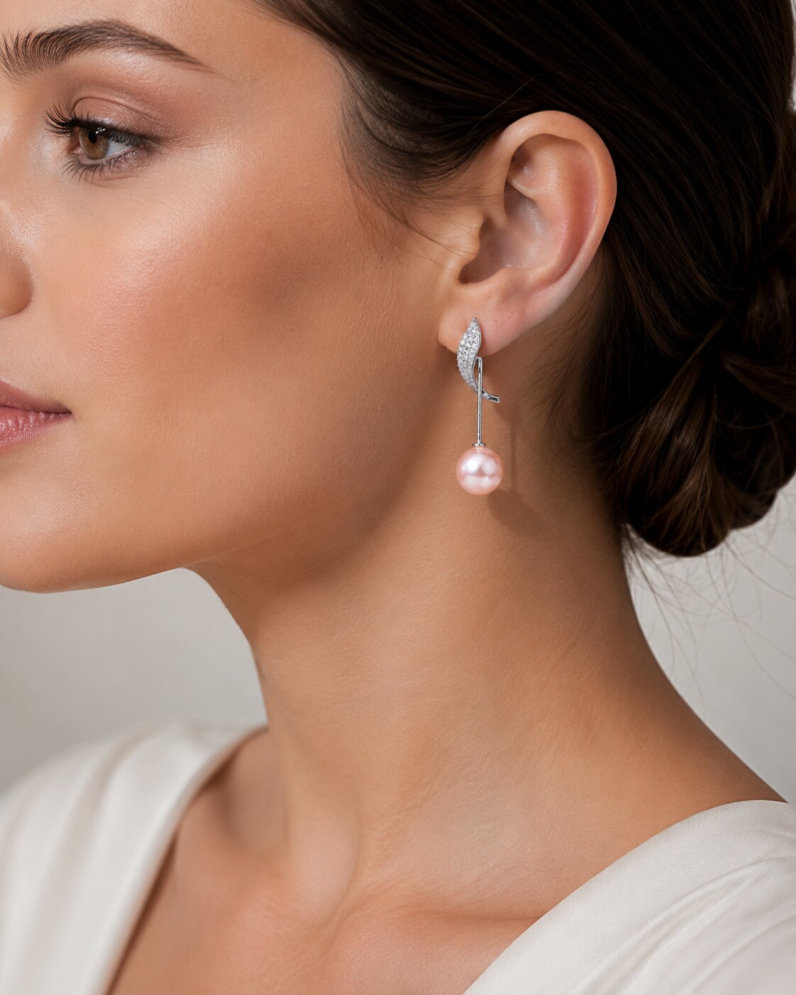 Rhodium Plated Curved Leaf Pearl Drop Earrings