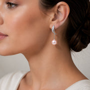 Rhodium Plated Curved Leaf Pearl Drop Earrings