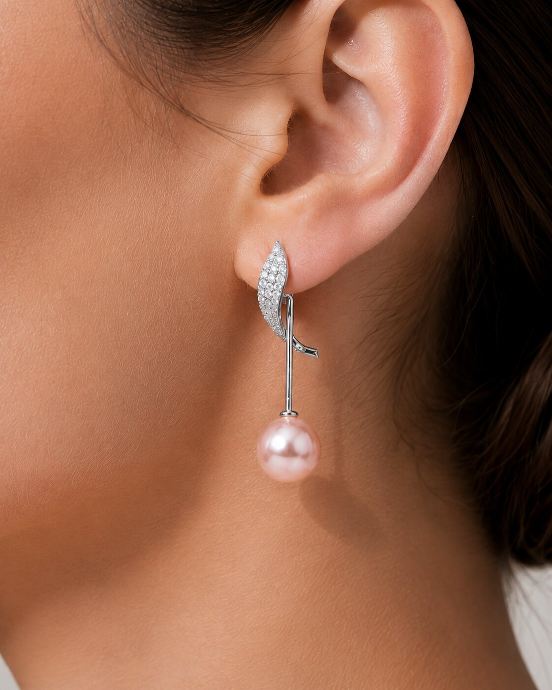 Rhodium Plated Curved Leaf Pearl Drop Earrings