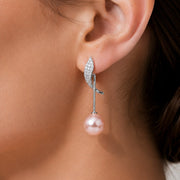 Rhodium Plated Curved Leaf Pearl Drop Earrings