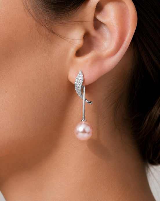 Rhodium Plated Curved Leaf Pearl Drop Earrings