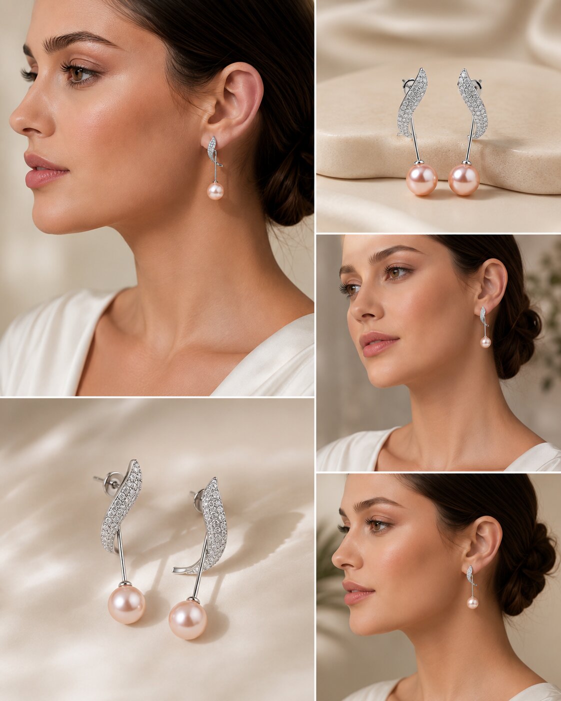 Rhodium Plated Curved Leaf Pearl Drop Earrings