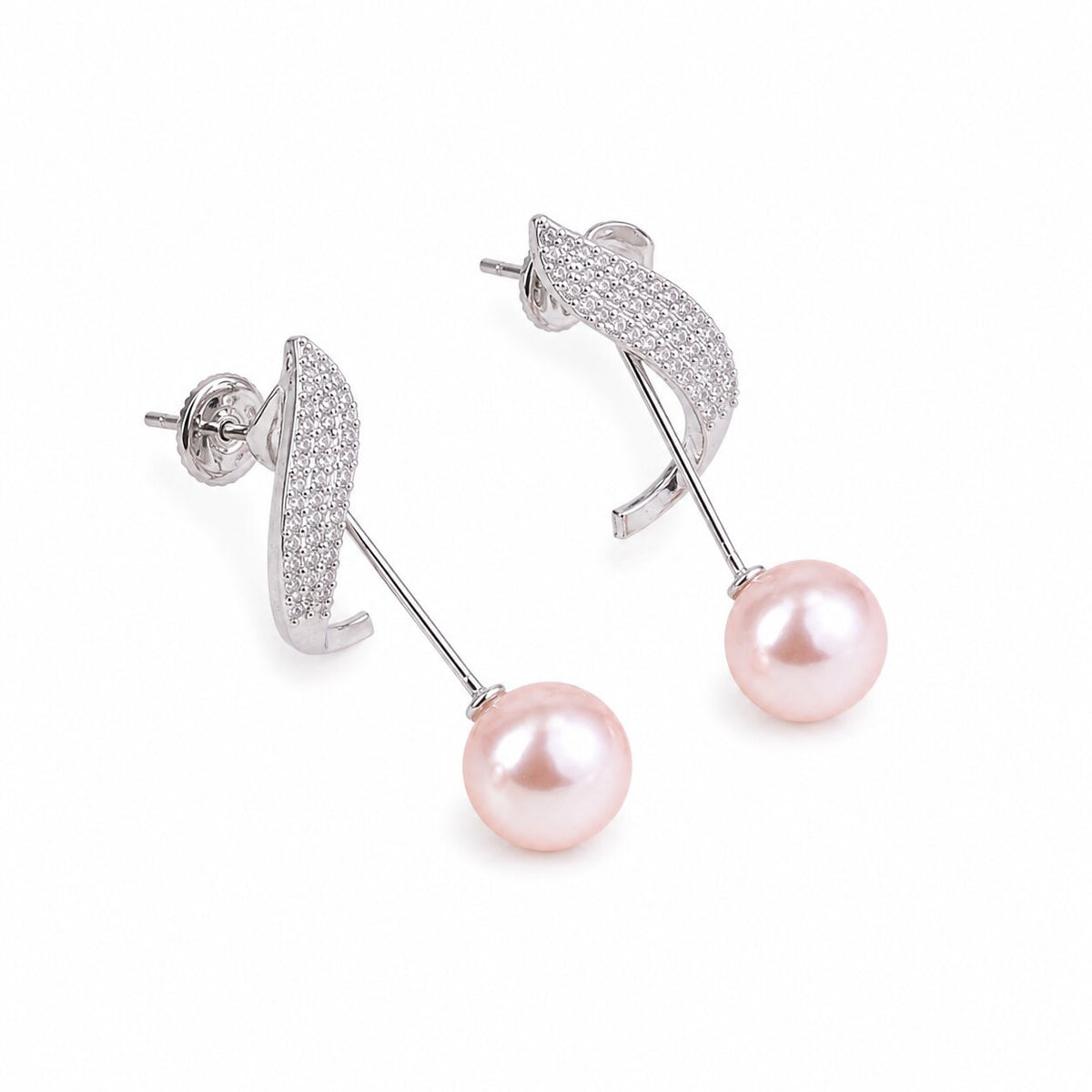 Rhodium Plated Curved Wave Pearl Drop Earrings