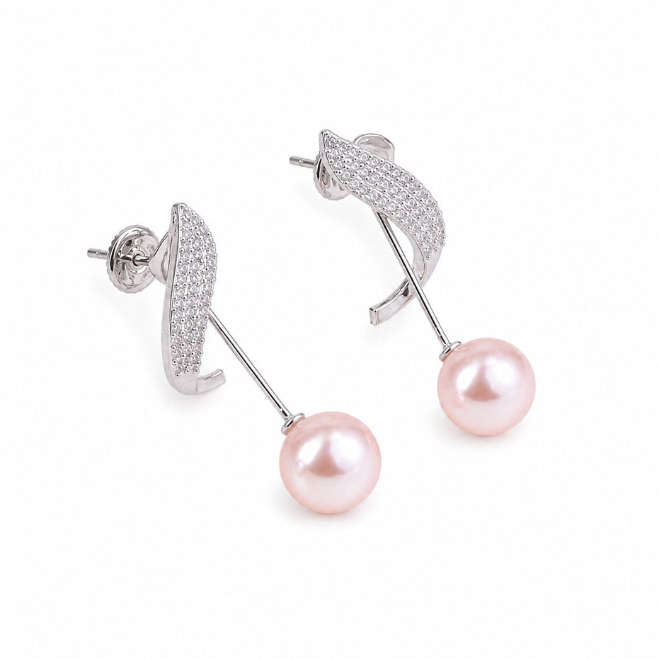 Rhodium Plated Curved Wave Pearl Drop Earrings