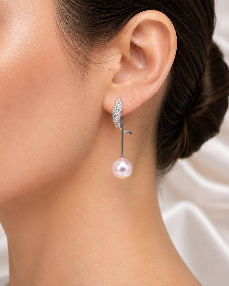 Rhodium Plated Curved Wave Pearl Drop Earrings