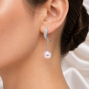 Rhodium Plated Curved Wave Pearl Drop Earrings