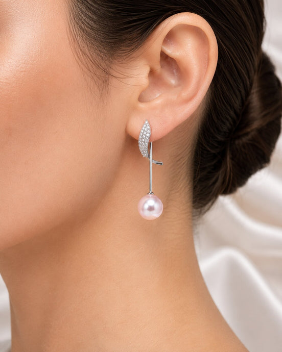 Rhodium Plated Curved Wave Pearl Drop Earrings