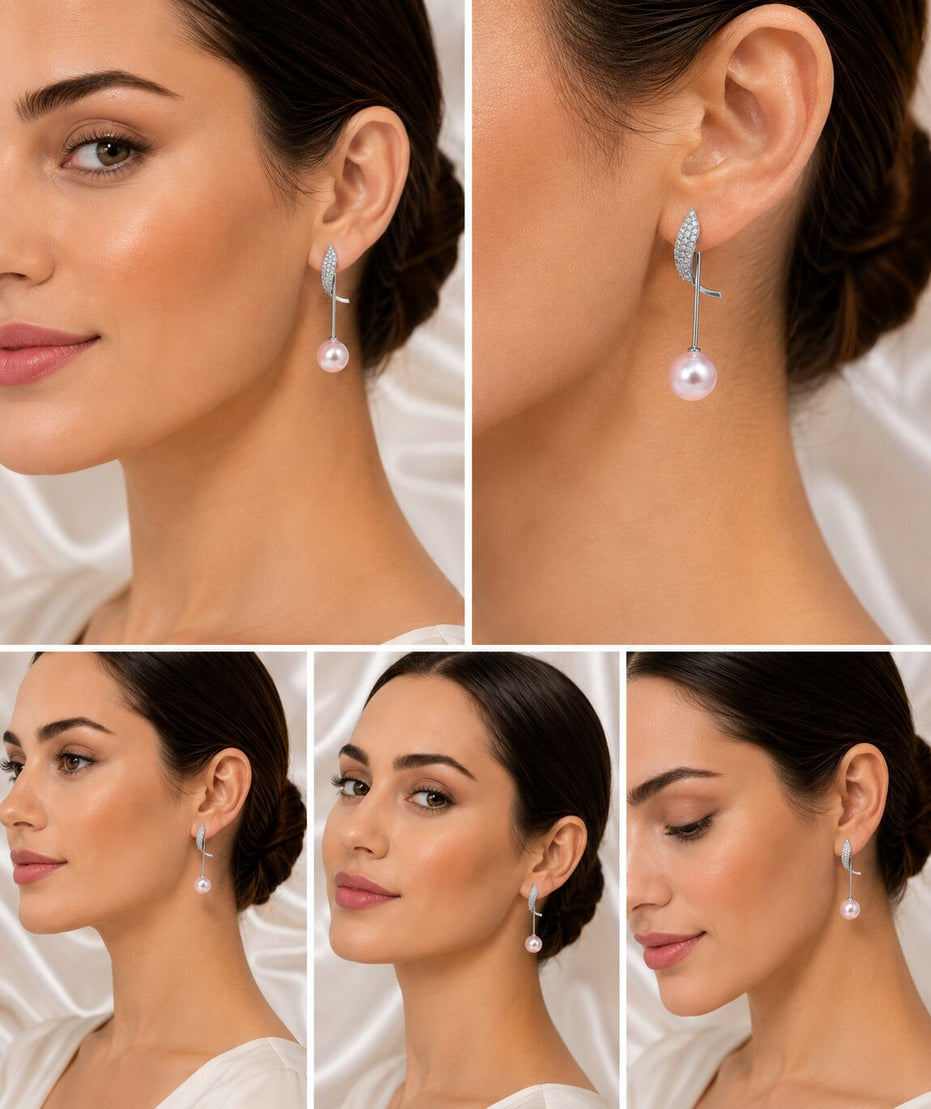 Rhodium Plated Curved Wave Pearl Drop Earrings
