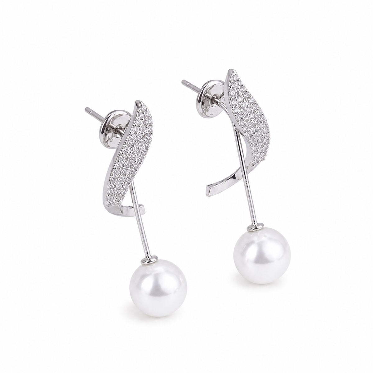 Rhodium Plated Leaf Design Pearl Drop Earrings