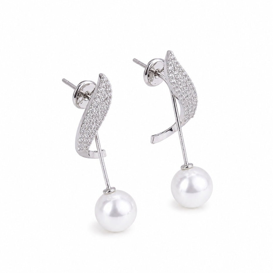 Rhodium Plated Leaf Design Pearl Drop Earrings