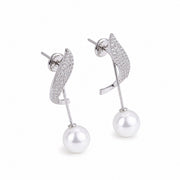 Rhodium Plated Leaf Design Pearl Drop Earrings