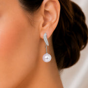 Rhodium Plated Leaf Design Pearl Drop Earrings