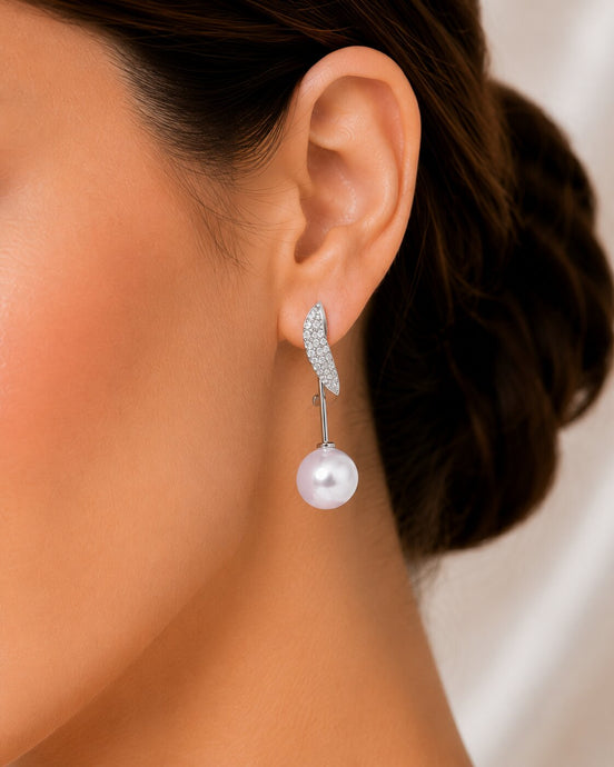Rhodium Plated Leaf Design Pearl Drop Earrings