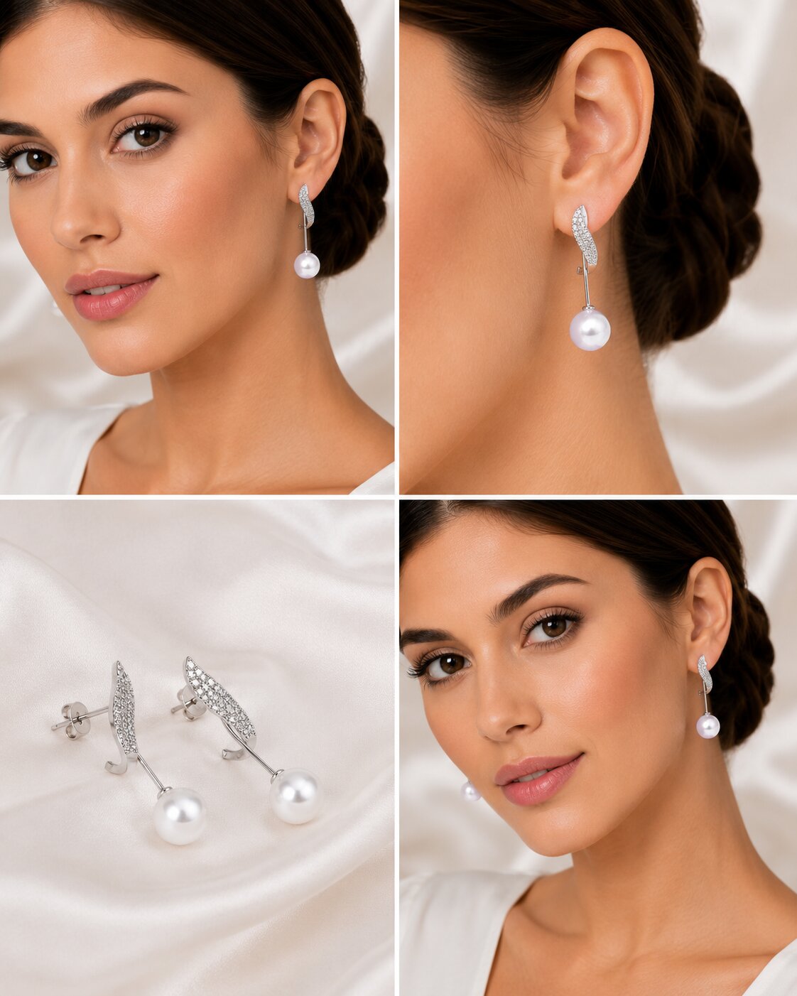 Rhodium Plated Leaf Design Pearl Drop Earrings