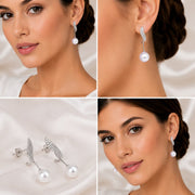 Rhodium Plated Leaf Design Pearl Drop Earrings
