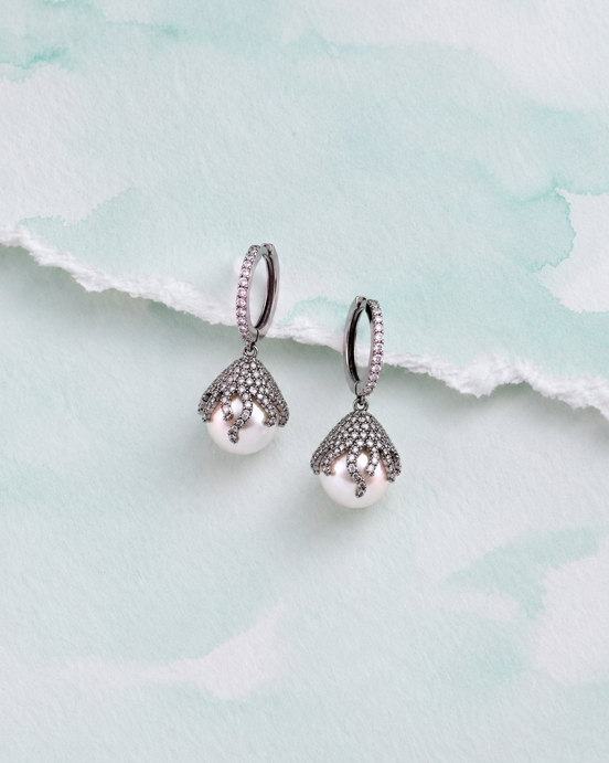 Black Plated Pearl Drop Earrings with Intricate Filigree Dome and Stone-Studded Hoop Design