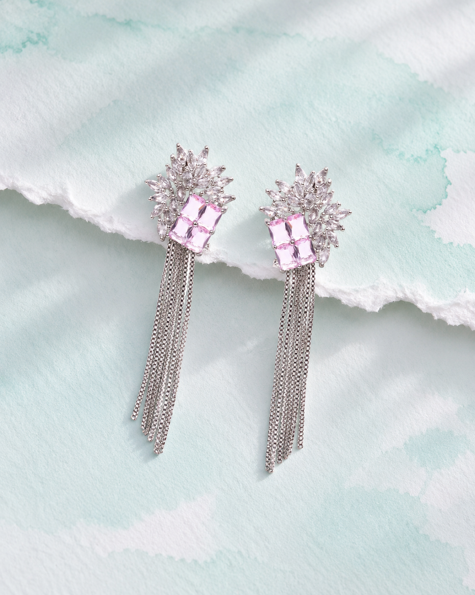 Rhodium Plated Crystal Fringe Earrings with Floral Sunburst Design and Square Stone Embellishments