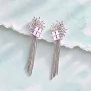 Rhodium Plated Crystal Fringe Earrings with Floral Sunburst Design and Square Stone Embellishments