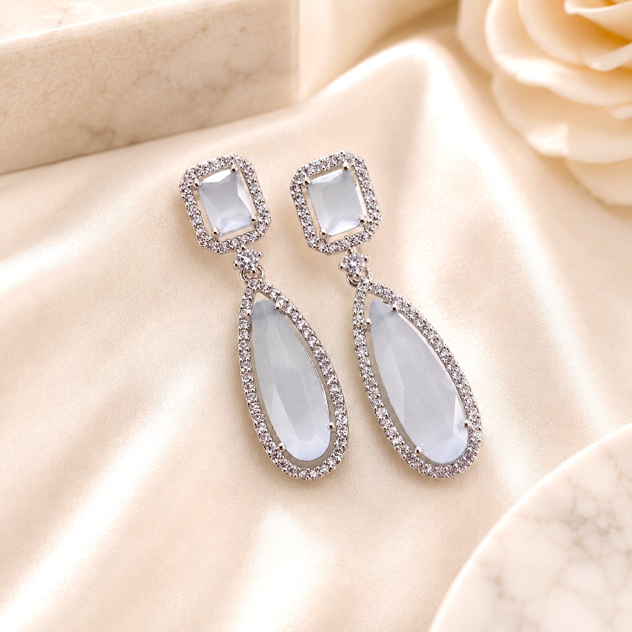 Rhodium Plated Geometric Teardrop Drop Earrings