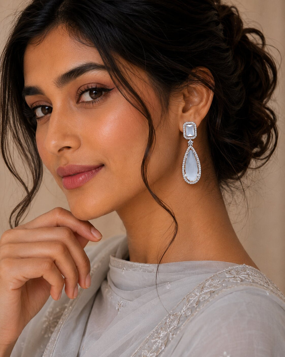 Rhodium Plated Geometric Teardrop Drop Earrings