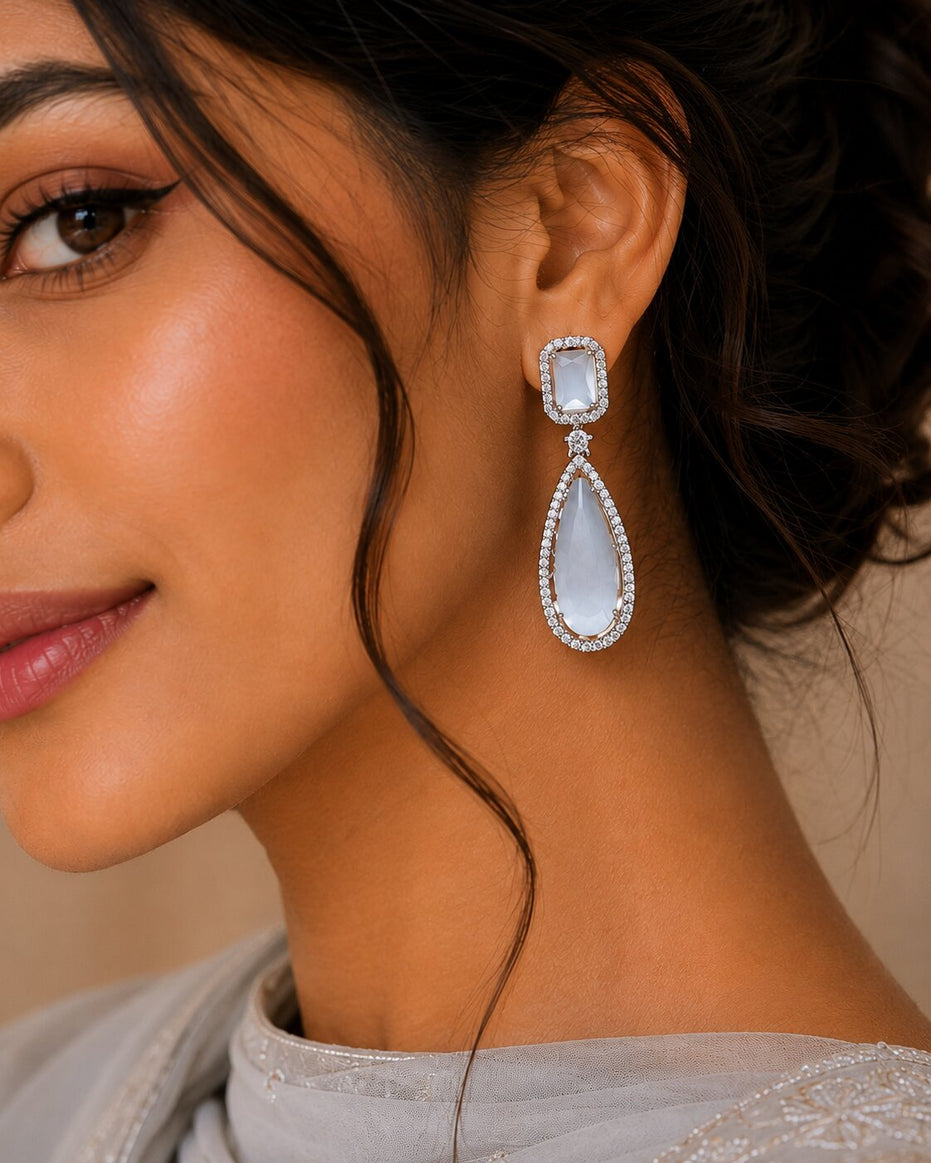 Rhodium Plated Geometric Teardrop Drop Earrings