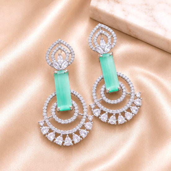 Rhodium Plated Concentric Circle Pattern American Diamond Drop Earrings
