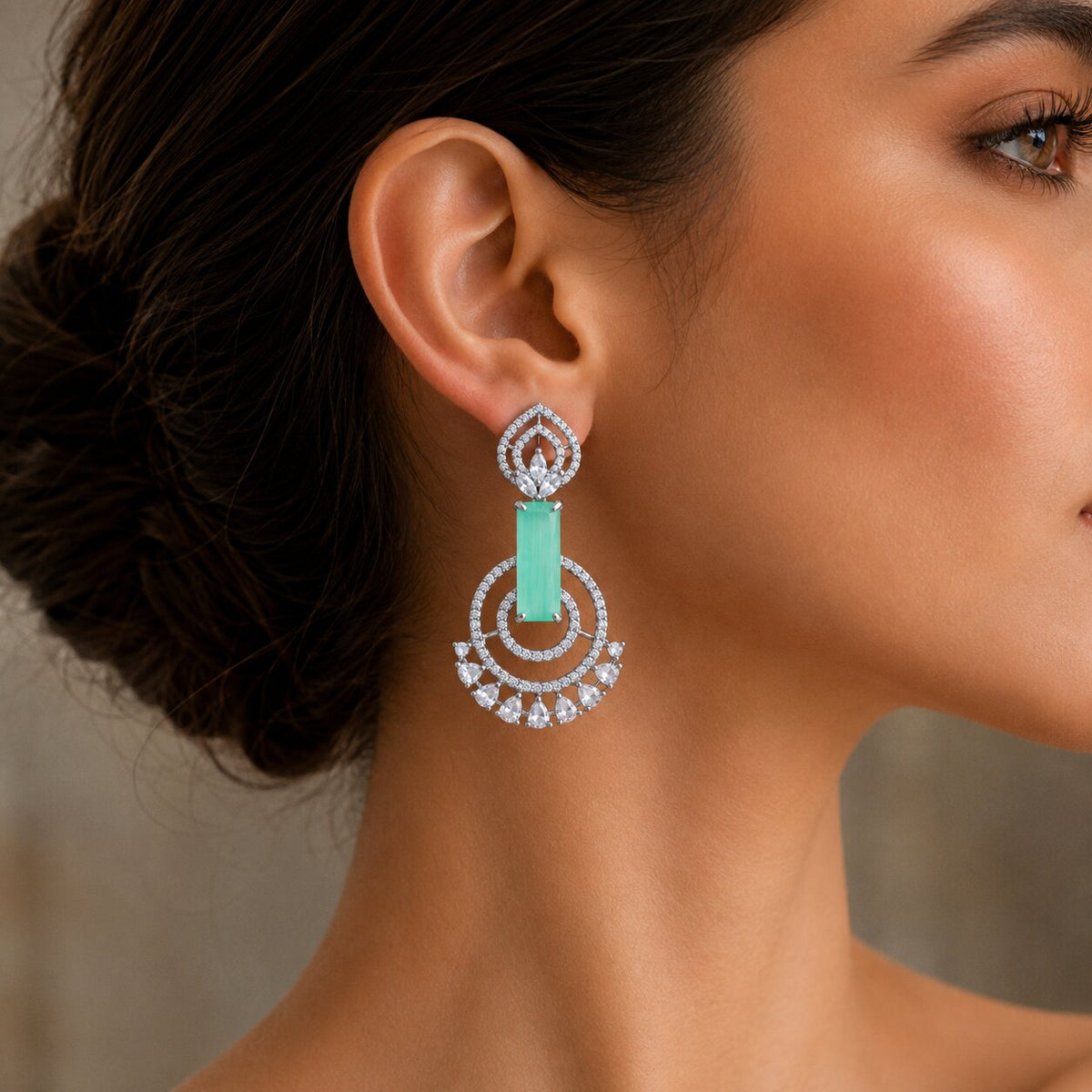 Rhodium Plated Concentric Circle Pattern American Diamond Drop Earrings