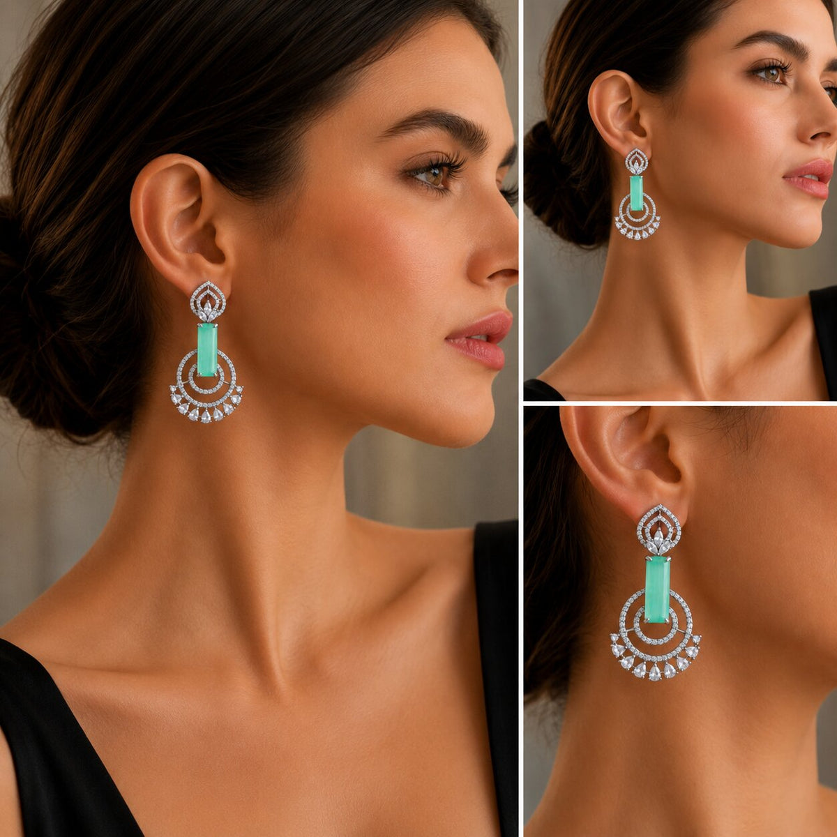 Rhodium Plated Concentric Circle Pattern American Diamond Drop Earrings