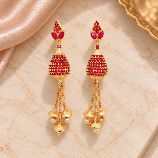 Traditional Jhumka Drop Earrings with Intricate Beaded Dome Pattern and Pearl Tassel Detailing