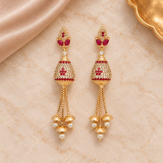 Traditional Jhumka Drop Earrings with Intricate Beaded Dome Pattern and Pearl Tassel Detailing