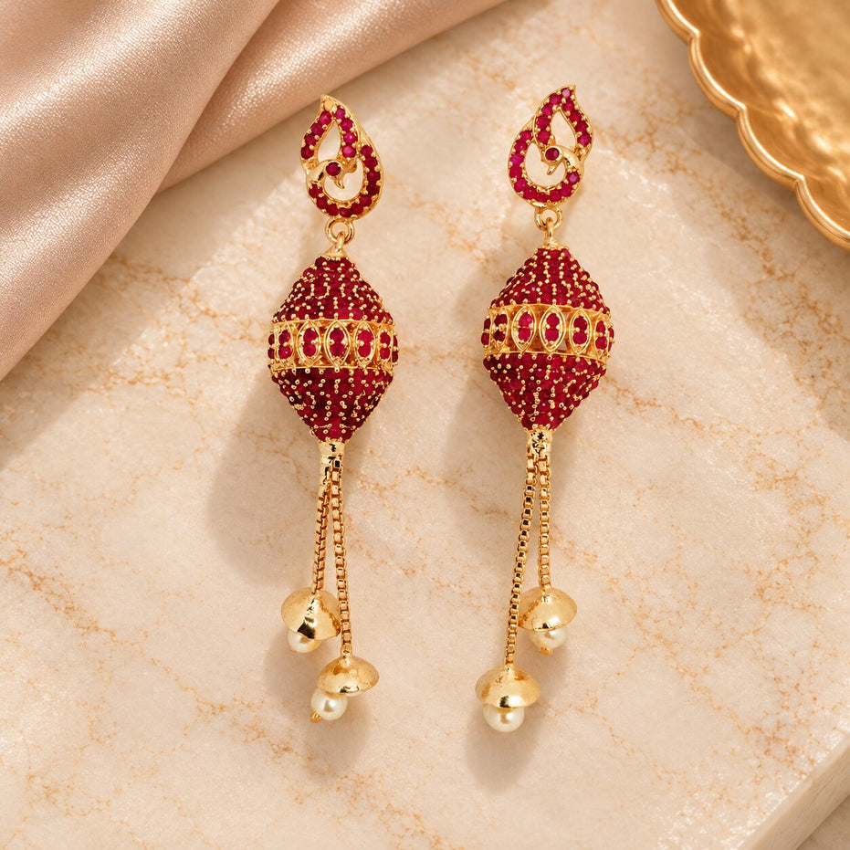 Gold Plated Traditional Drop Earrings with Intricate Beaded Dome, Teardrop Motif and Pearl Tassels