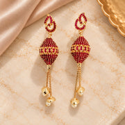 Gold Plated Traditional Drop Earrings with Intricate Beaded Dome, Teardrop Motif and Pearl Tassels