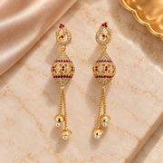 Gold Plated Traditional Drop Earrings with Intricate Beaded Dome, Teardrop Motif and Pearl Tassels