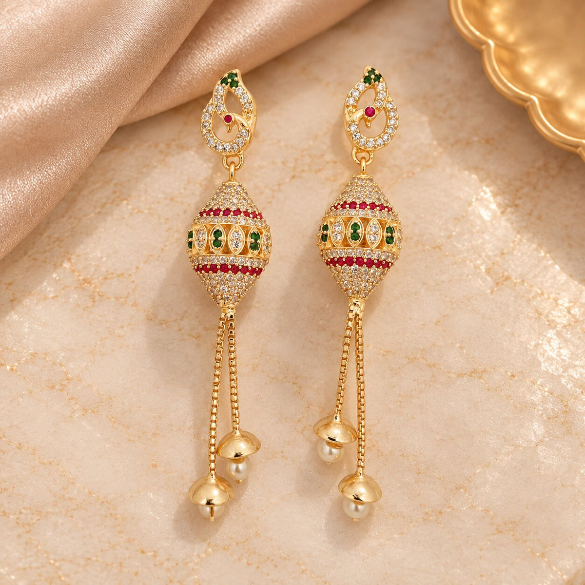Gold Plated Traditional Drop Earrings with Intricate Beaded Dome, Teardrop Motif and Pearl Tassels