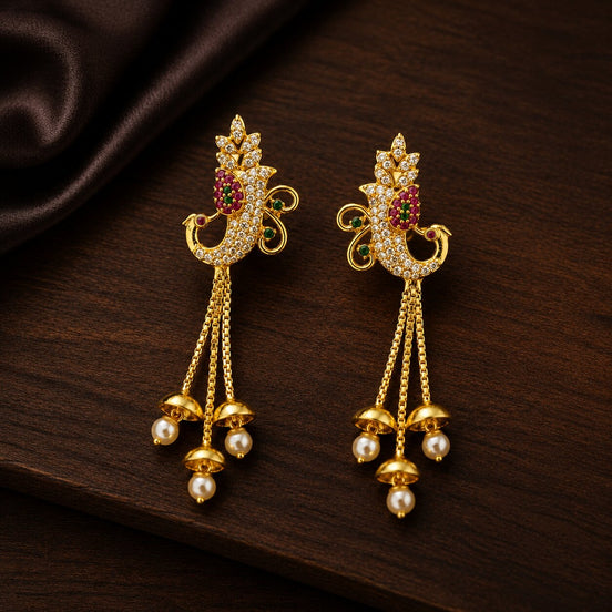 Gold Plated Peacock Design CZ Stone Drop Earrings with Pearl Tassels