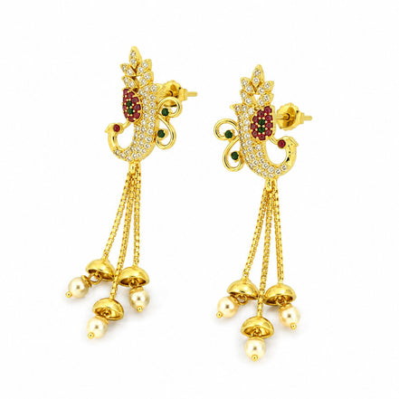 Gold Plated Peacock Design CZ Stone Drop Earrings with Pearl Tassels
